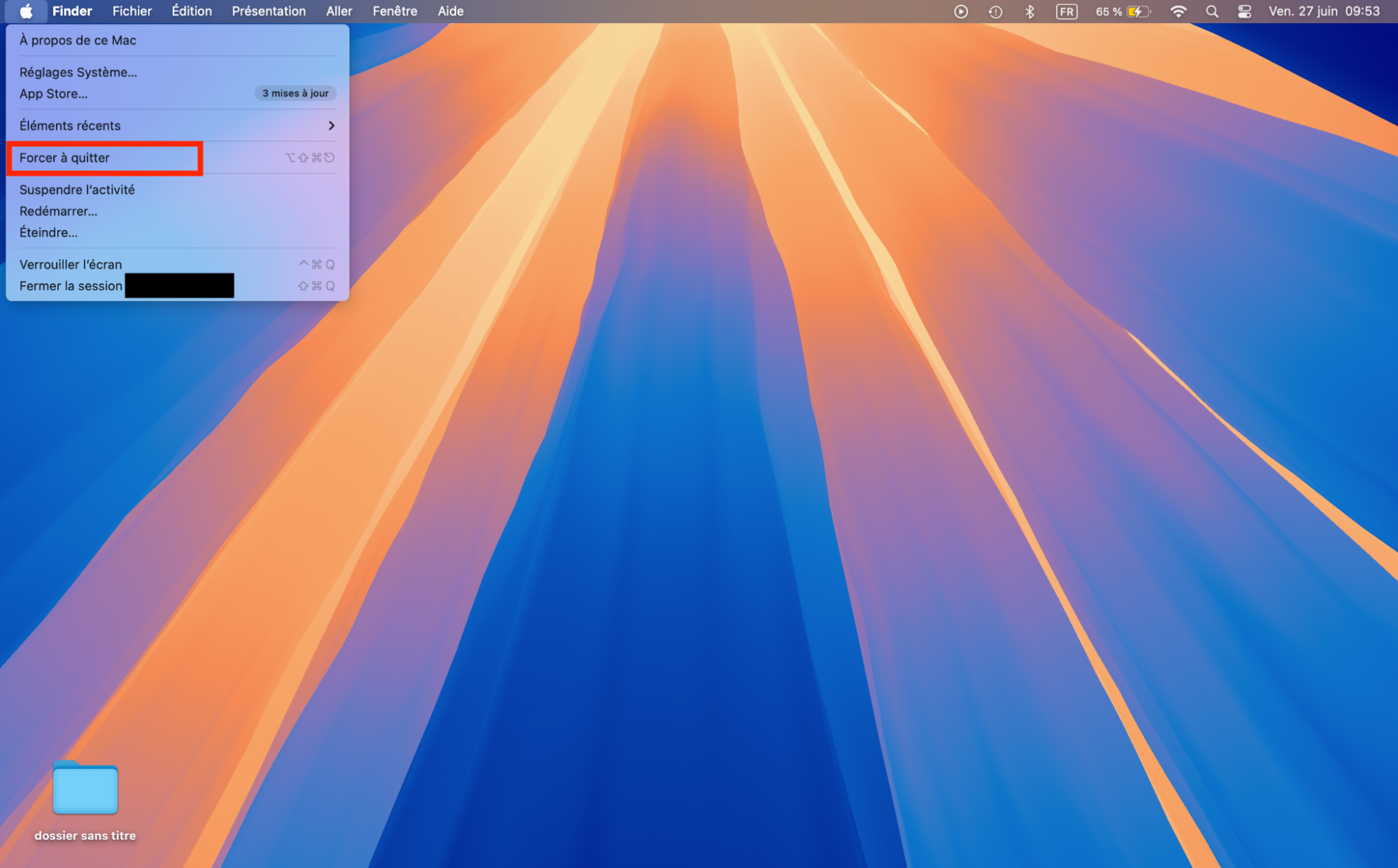 Relancez Finder et redémarrez votre Mac. Cela résoudra n’importe quel bogue temporaire dans Finder. Cliquez sur le menu Apple dans la barre des menus et sélectionnez l’option Forcer à quitter.