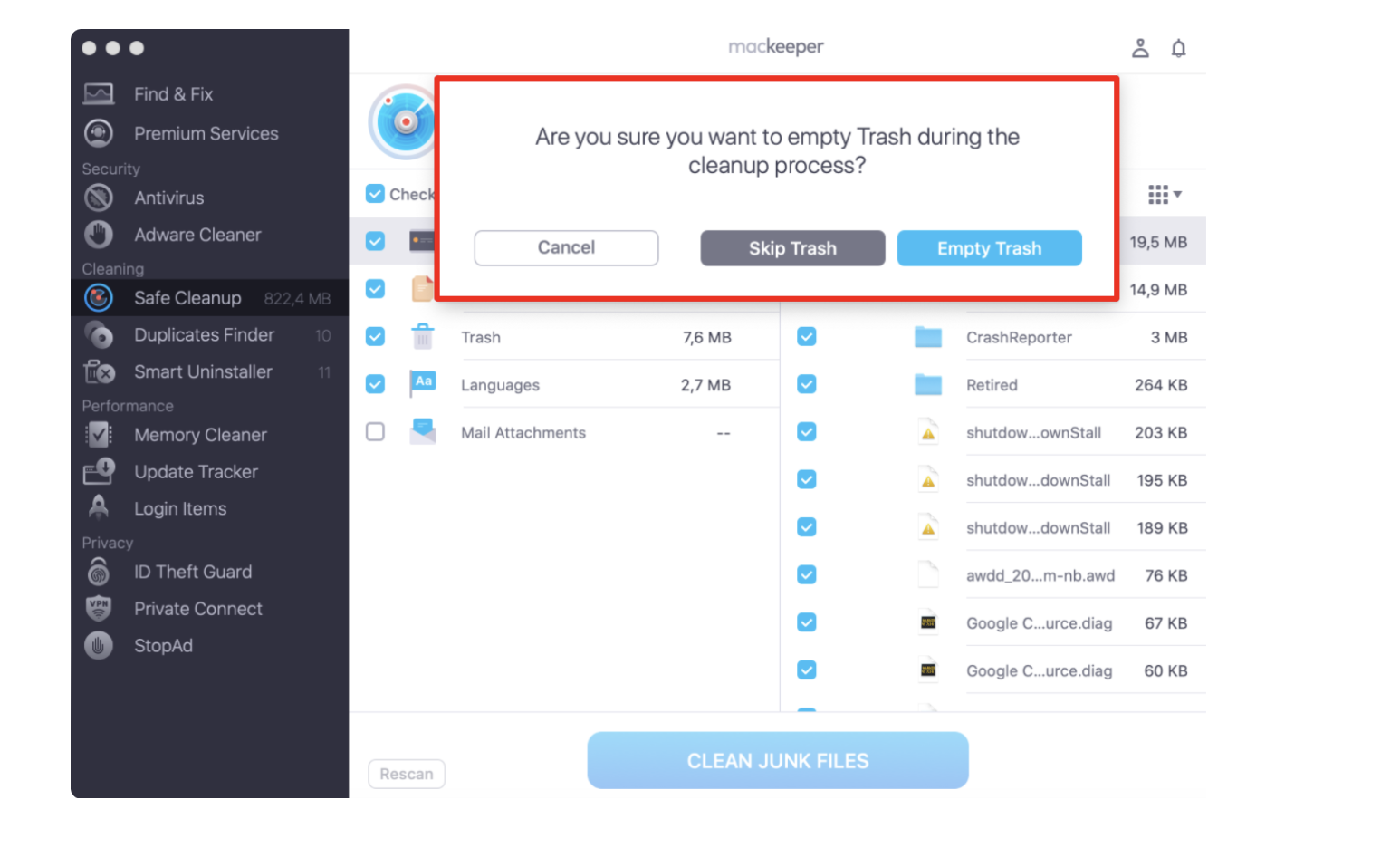 After ticking every box that you want to get rid of, select Clean Junk Files. Then, tap Empty Trash on the pop-up window