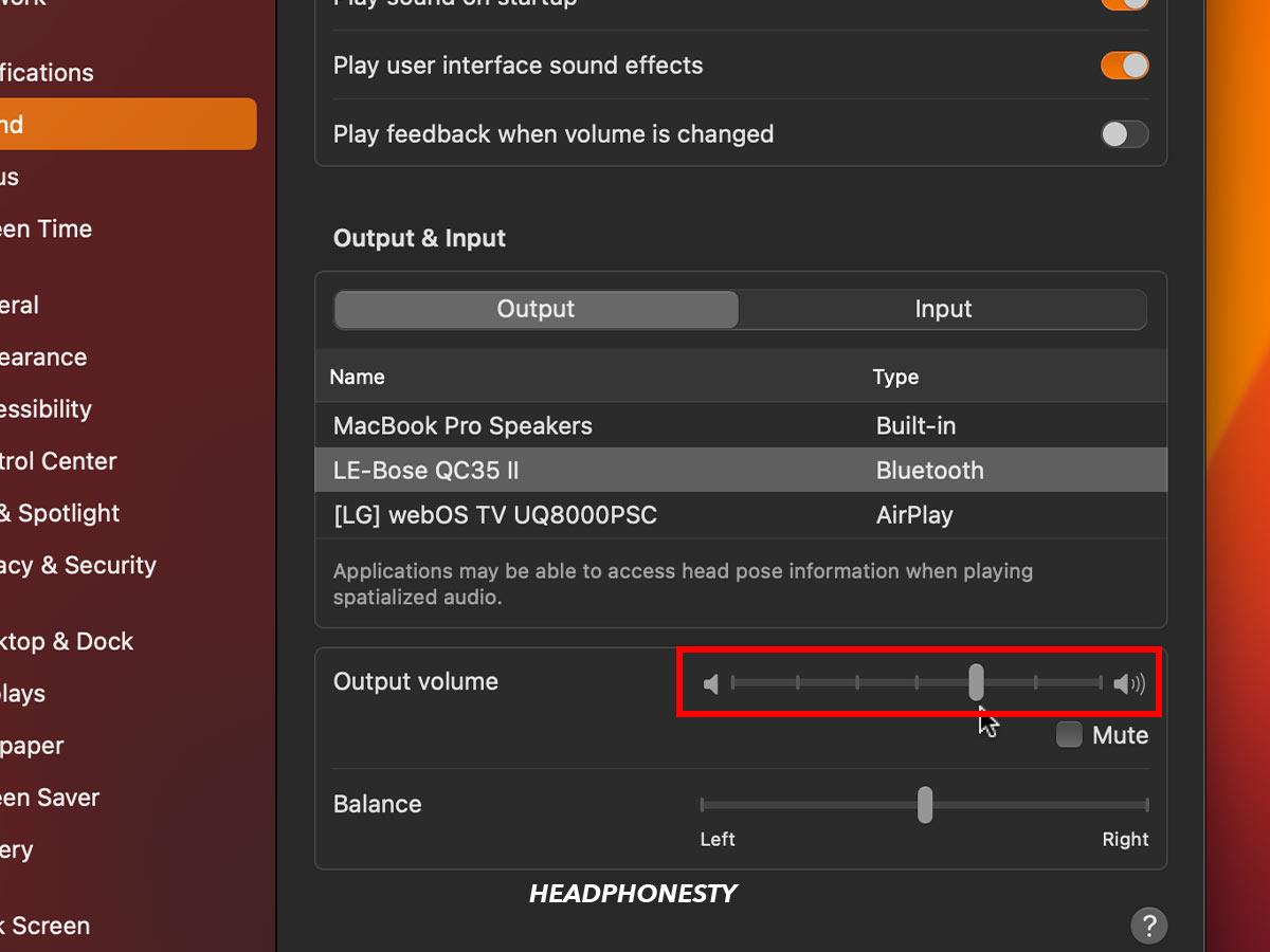 Mac’s Sound Settings appear on the screen. Drag the sliders in the Output section to adjust audio settings for your Bose headphones on your Mac.