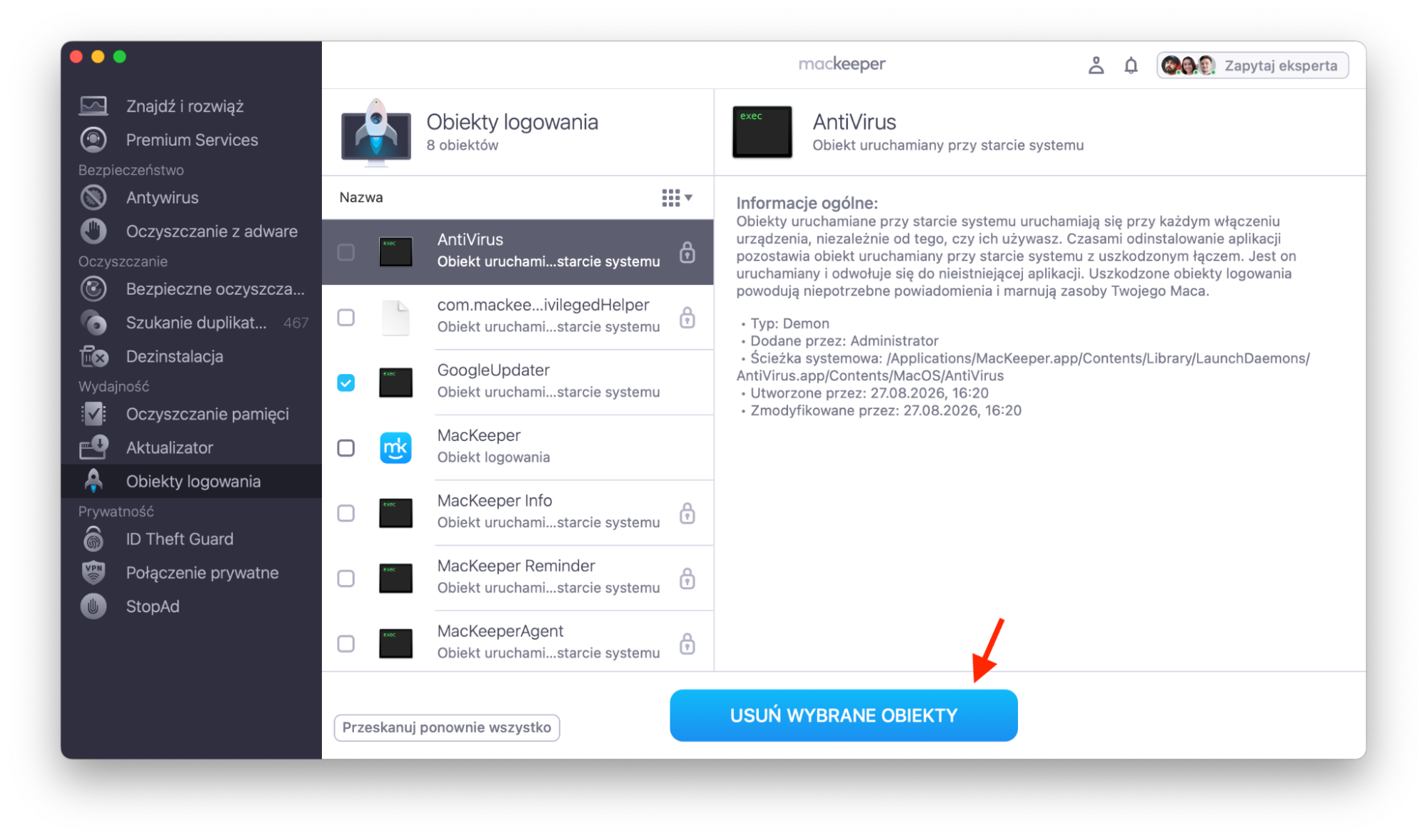 MacKeeper na Macu pokazuje narzędzie obiekty logowania. Po zaznaczeniu aplikacji, których nie chcesz uruchamiać podczas rozruchu, kliknij Usuń wybrane  obiekty.