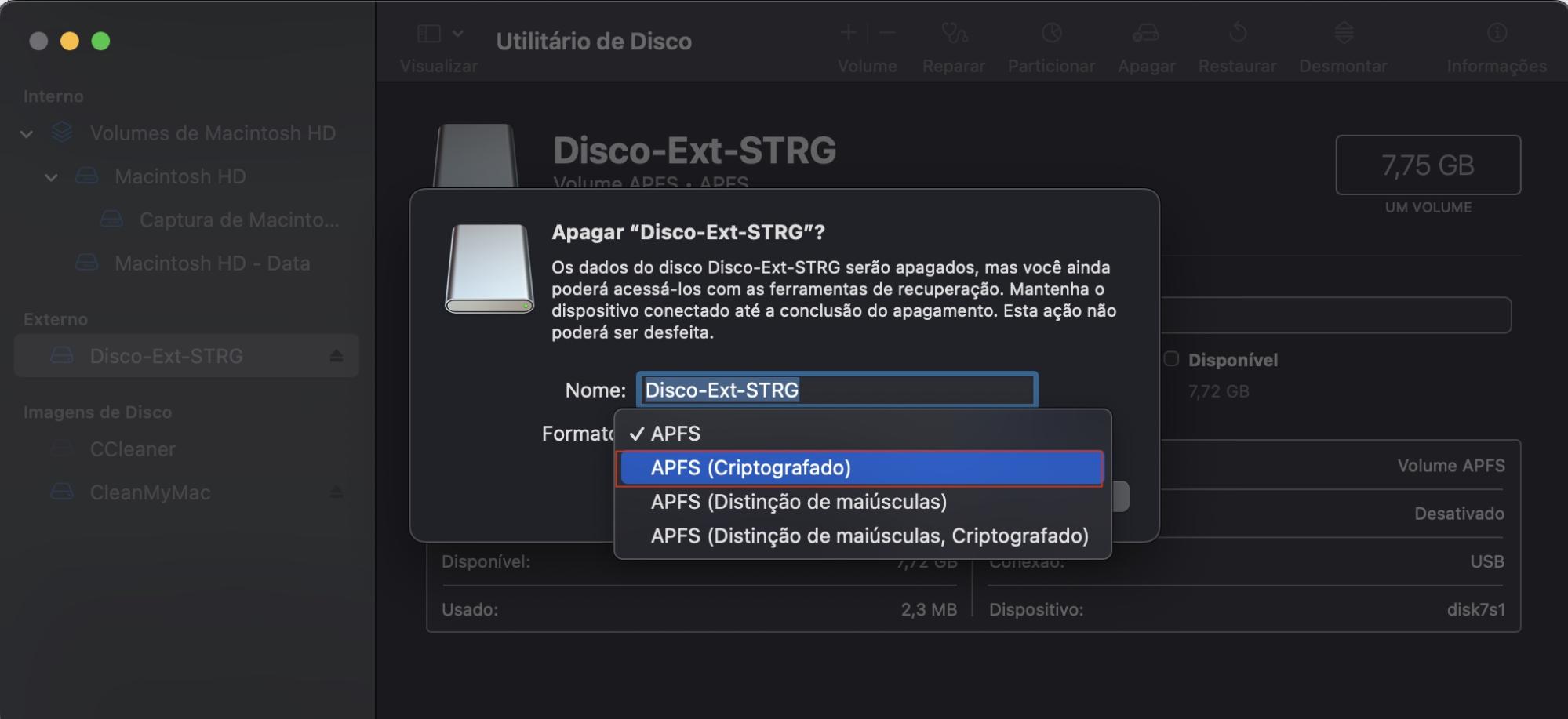 Uma janela pop-up para apagar um volume é exibida no Utilitário de Disco. Apagar um volume permite aos usuários restaurar o MacBook para as configurações de fábrica.