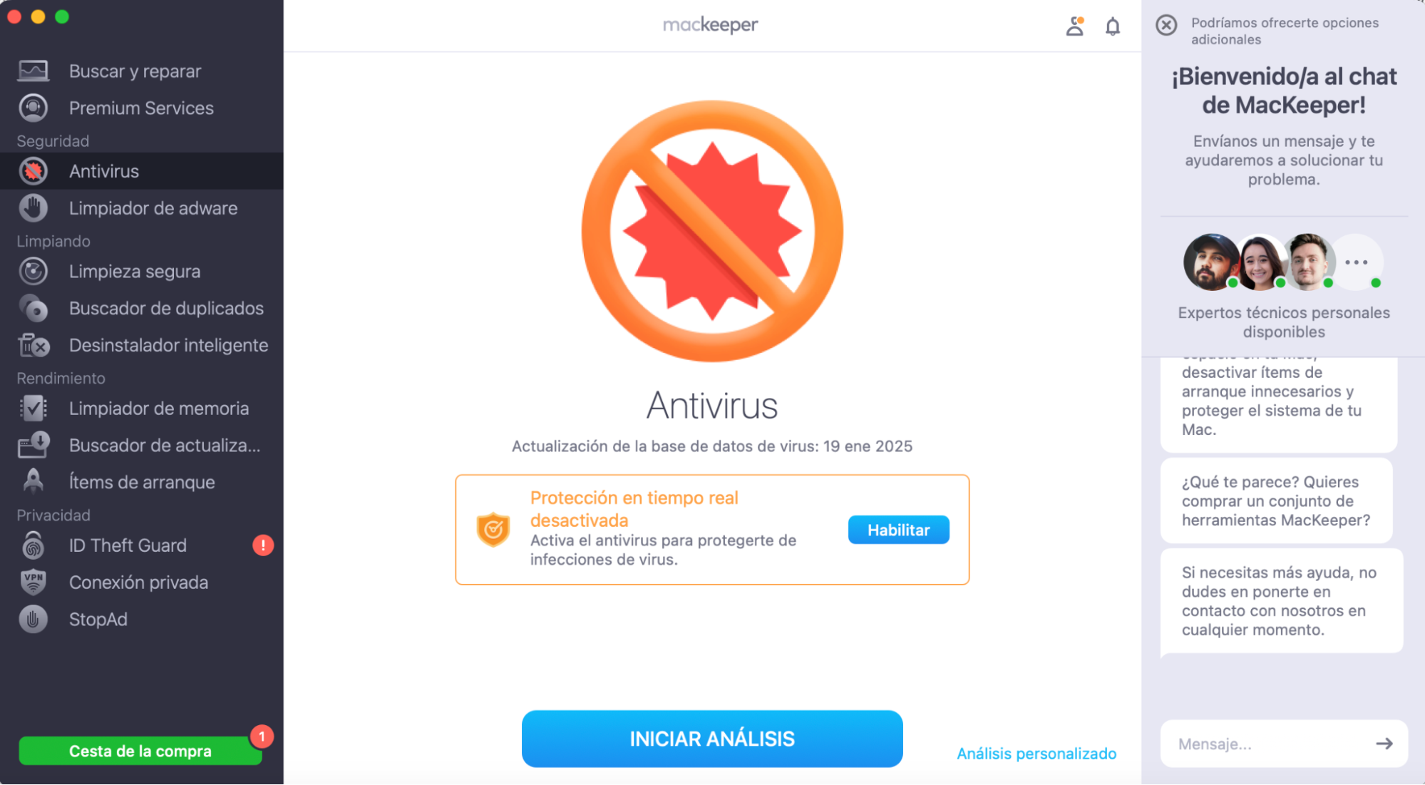 Para iniciar el análisis, abre MacKeeper y ve a Antivirus. Haz clic en Iniciar análisis.