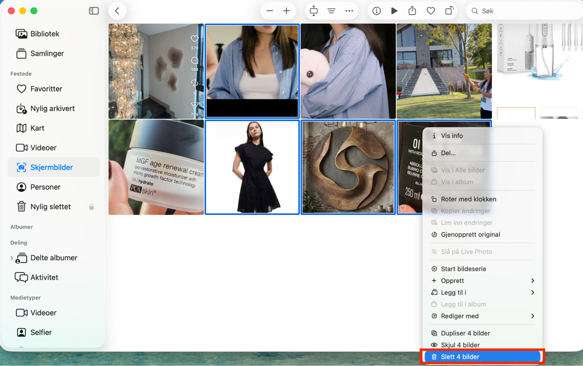 Bibliotek-delen inne i Bilder på Mac. For å slette flere bilder og videoer og frigjøre plass på Mac, merk først elementene og høyreklikk deretter og velg Slett.
