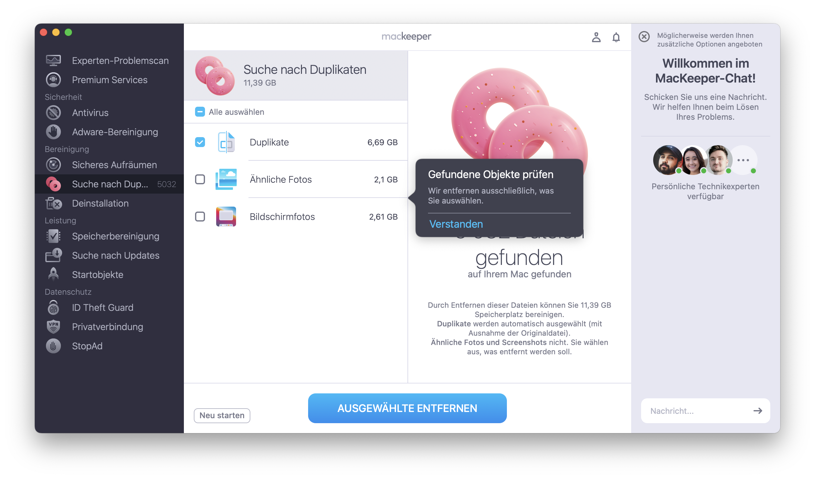 Überprüfen Sie im Fenster Suche nach Duplikaten von MacKeeper die Scan-Ergebnisse, um die Dateien auszuwählen, die Sie löschen möchten, und bestätigen Sie dies mit der Schaltfläche Ausgewählte entfernen.