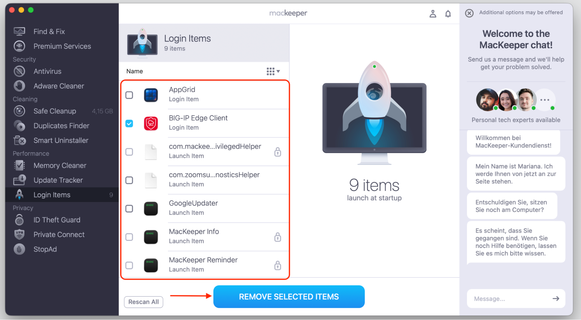MacKeeper's Login Items results on an Apple computer showing detected startup items with the option to select and remove unrecognized ones.