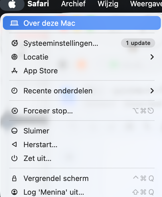 Nog een schermafbeelding van het keuzemenu van Apple, maar nu met het item 'Over deze Mac' geselecteerd en blauw gemarkeerd.