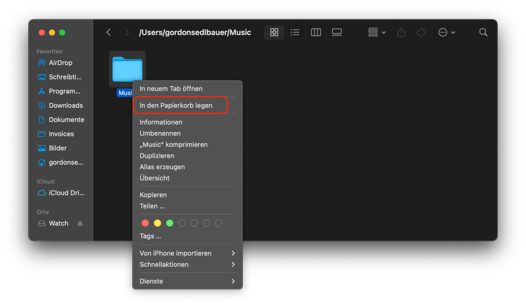 Das Finder-Fenster in macOS Monterey zeigt alle installierten Apps an. Klicken Sie mit der rechten Maustaste auf eine App, die Sie löschen möchten, und wählen Sie dann In den Papierkorb legen.