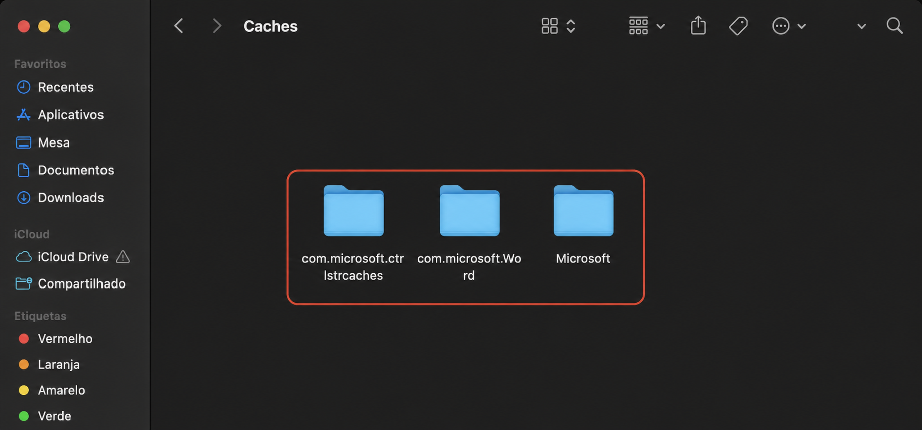 Remova todos os arquivos de cache na pasta de cache do Word para excluir dados temporários corrompidos que podem estar causando travamentos ou problemas de desempenho no seu Mac.