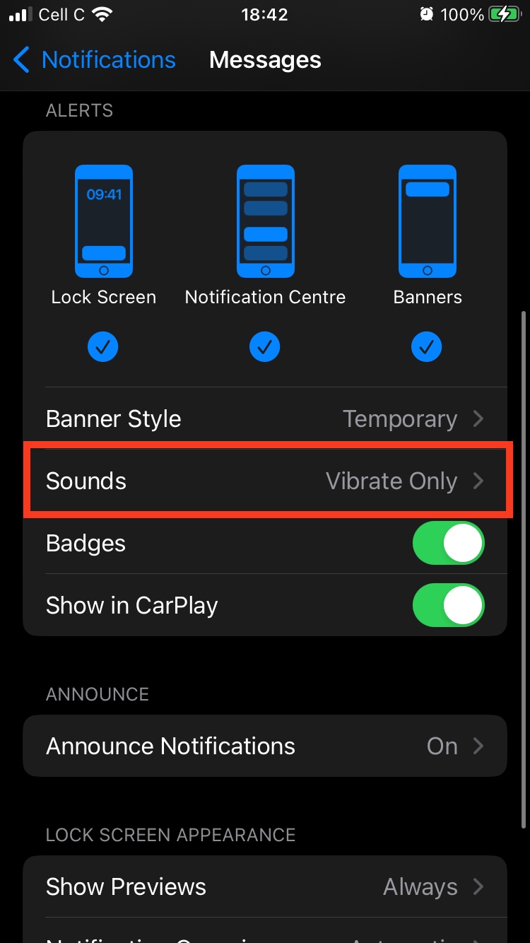 Notifications settings for the Messages app are opened on an iPhone. Tap the Sounds option if you want to mute messages and chats.
