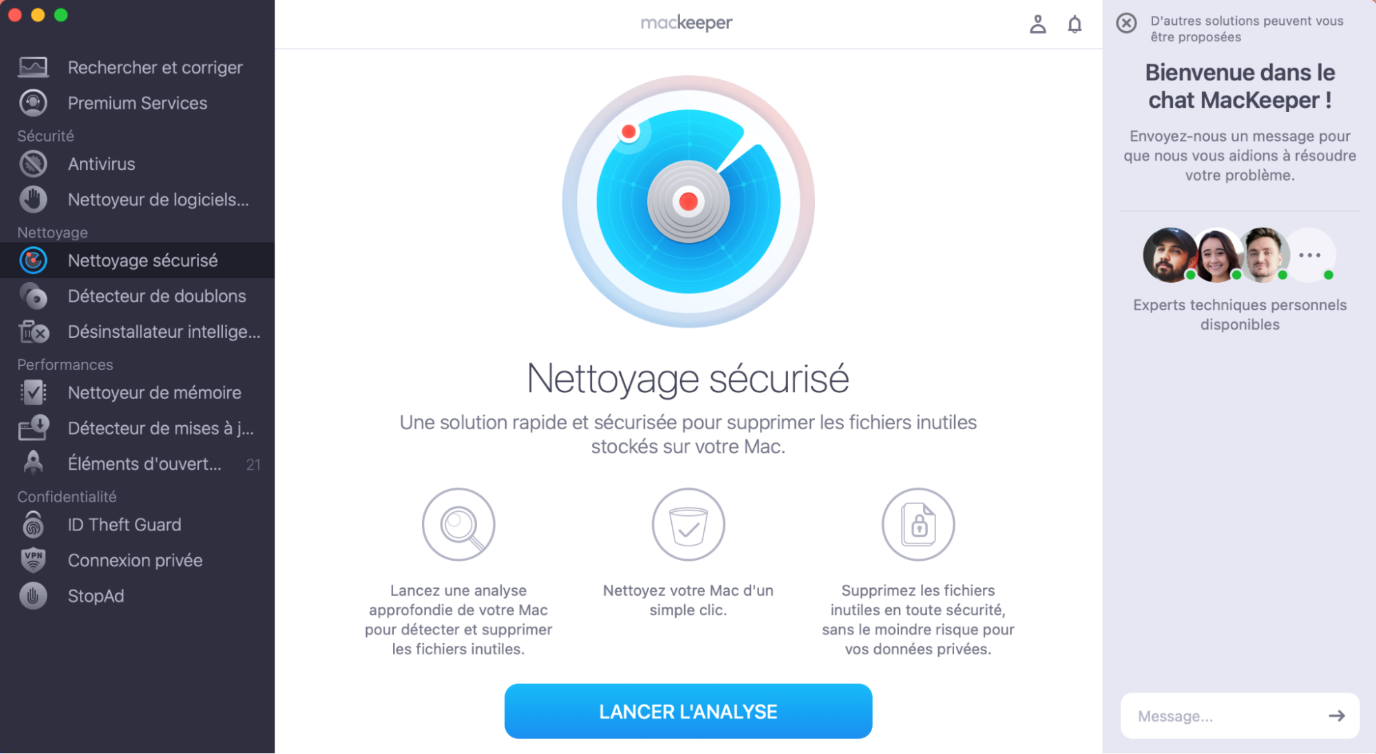 Téléchargez d’abord MacKeeper pour utiliser l’outil Nettoyage sécurisé et libérer de l’espace sur votre disque. Une fois l’application installée, cliquez sur le menu Nettoyage sécurisé dans la barre de gauche, puis sur Lancer l’analyse.