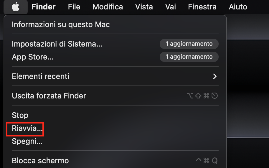 Le opzioni della barra dei menu Apple su Mac. Quando un disco rigido esterno non viene riconosciuto, il primo passo è riavviare il Mac per vedere se il problema si risolve.