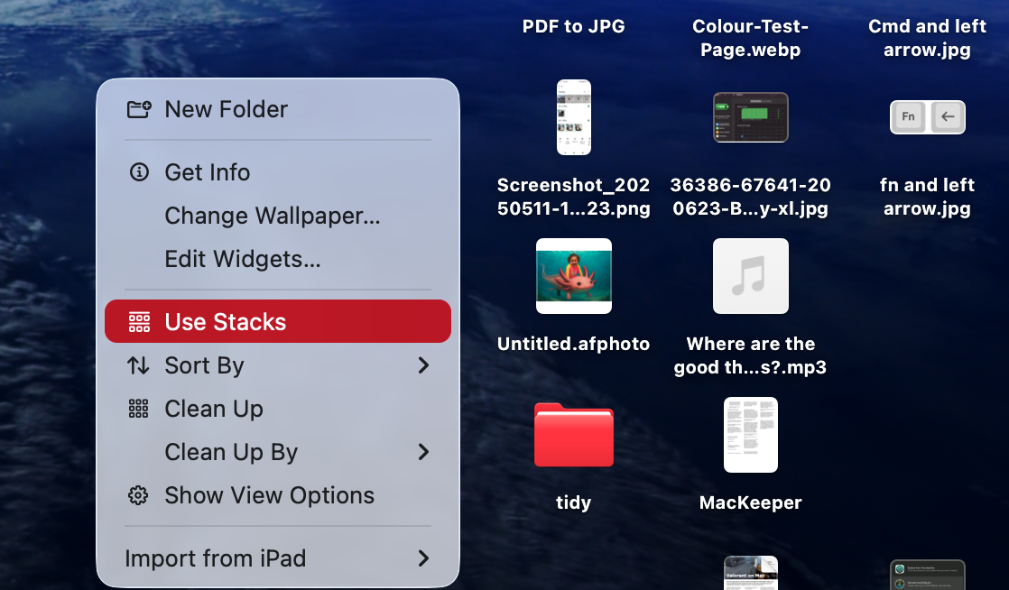 Added in macOS Mojave, Stacks is a quick and easy way to orgnize your desktop icons. Simply right-click on an empty space on your desktop, and select 'Use Stacks'.