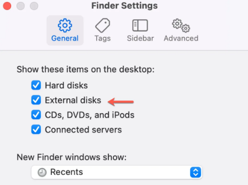 In Finder Settings, choose General, then enable Hard Disks under the Show these items on the desktop section, close the window, and check the changes.
