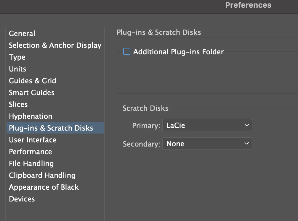 Open Adobe Illustrator on your Mac, go to Settings > Plug-ins & Scratch Disks, and pick a drive with more free space to set as your scratch disk.