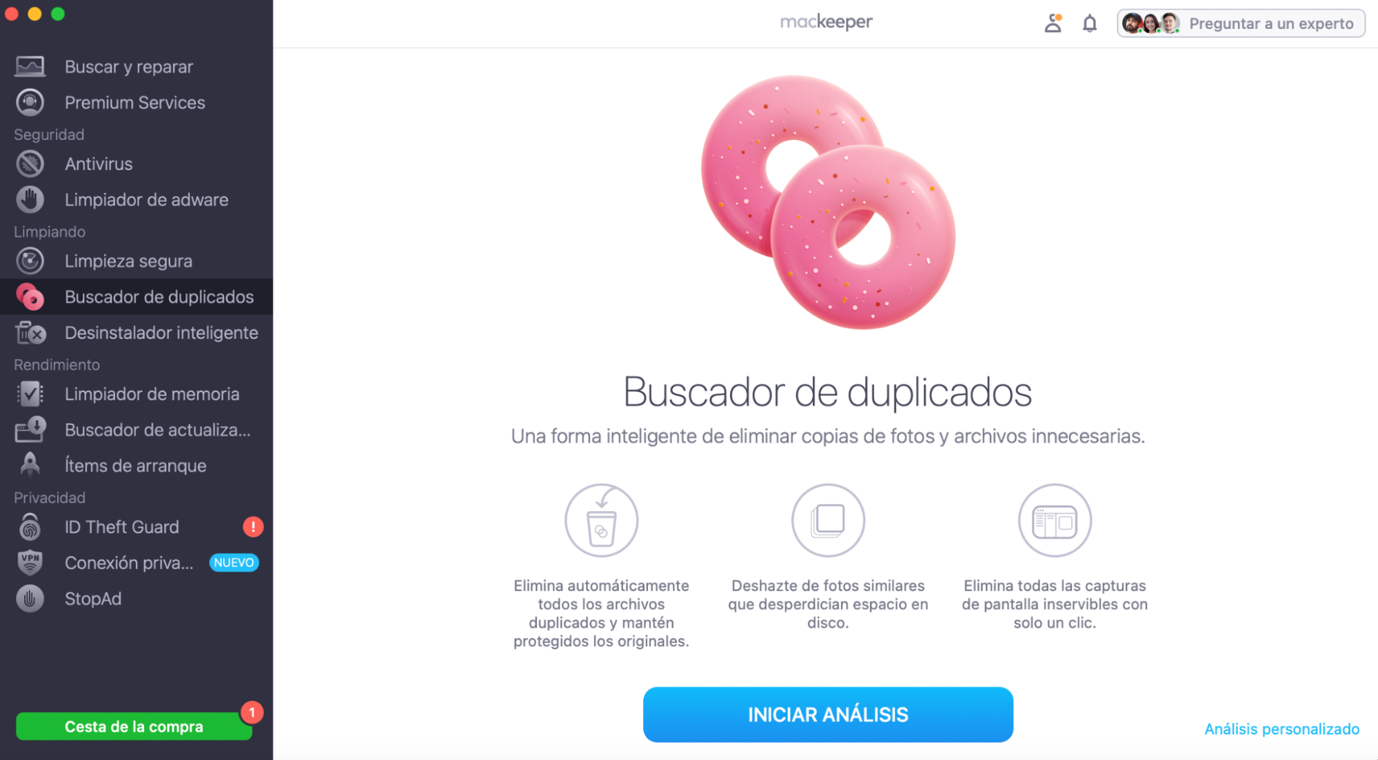 Elimina los duplicados de tu Mac y ahorra espacio de almacenamiento. Inicia MacKeeper, selecciona Buscador de duplicados en el menú de la izquierda y haz clic en Iniciar análisis.