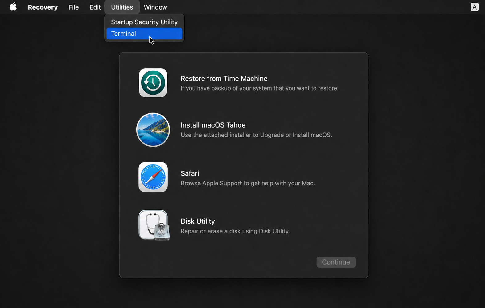 macOS Tahoe Recovery Mode with the Utilities menu open and Terminal selected, next to the Install macOS Tahoe recovery options.