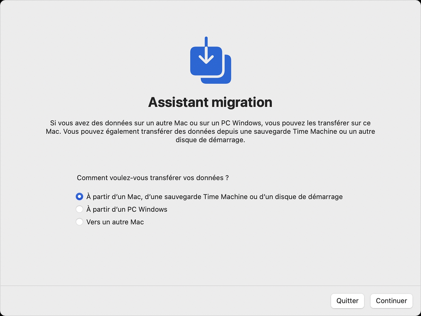 L’Assistant migration de macOS peut restaurer votre Mac depuis une sauvegarde Time Machine. Après avoir fait redémarrer votre Mac, utilisez cet outil. L’Assistant migration de macOS peut restaurer votre Mac depuis une sauvegarde Time Machine. Après avoir fait redémarrer votre Mac, utilisez cet outil.
