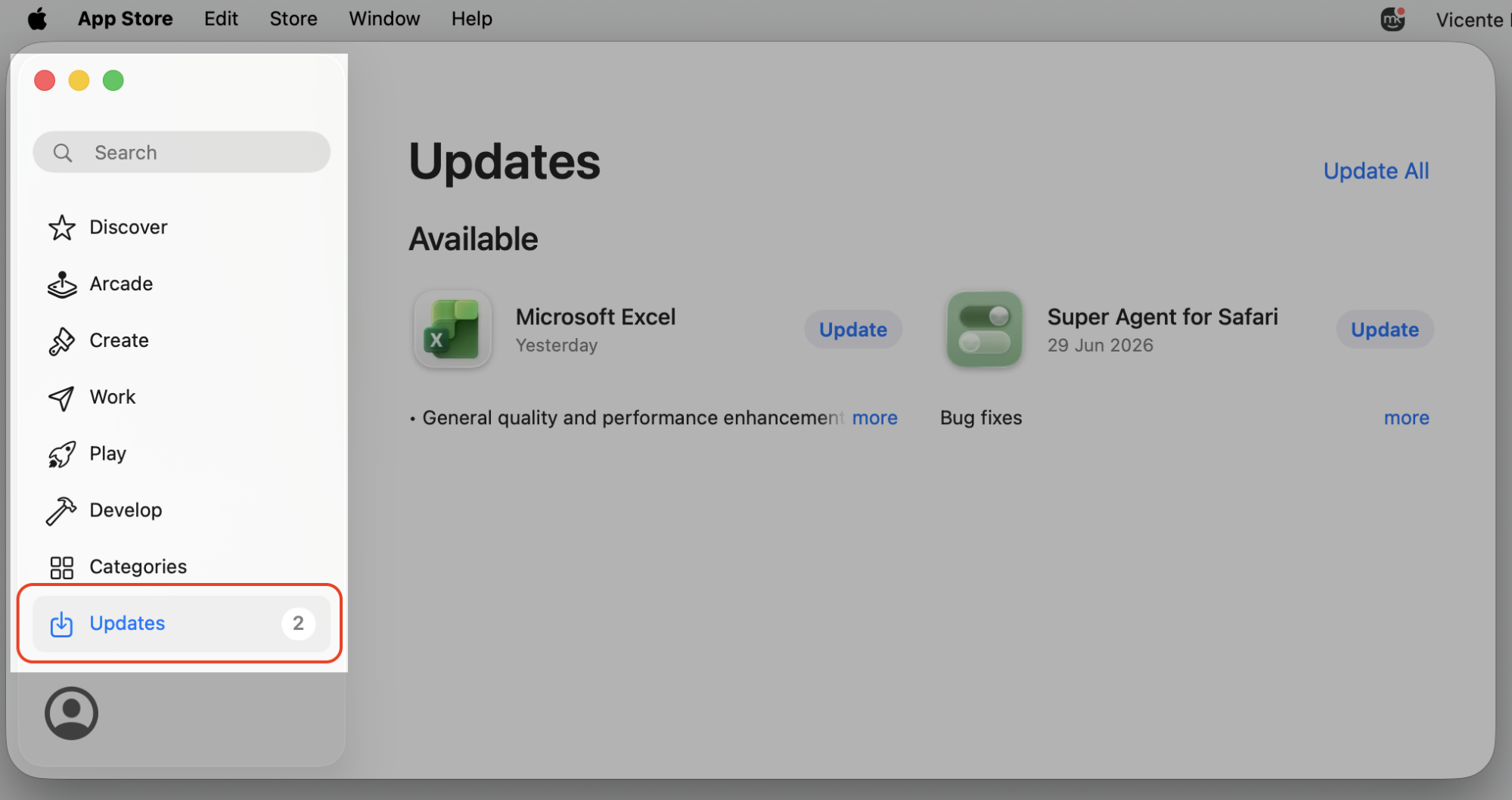App Store Updates tab on an Apple computer listing pending updates that repair signatures and reduce codesign high CPU on your Mac.