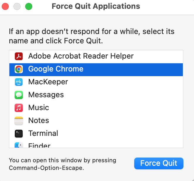 A list of open apps appears on a pop-up window. Select Google Chrome and Force Quit to close Chrome with force quit Finder via the Apple menu.