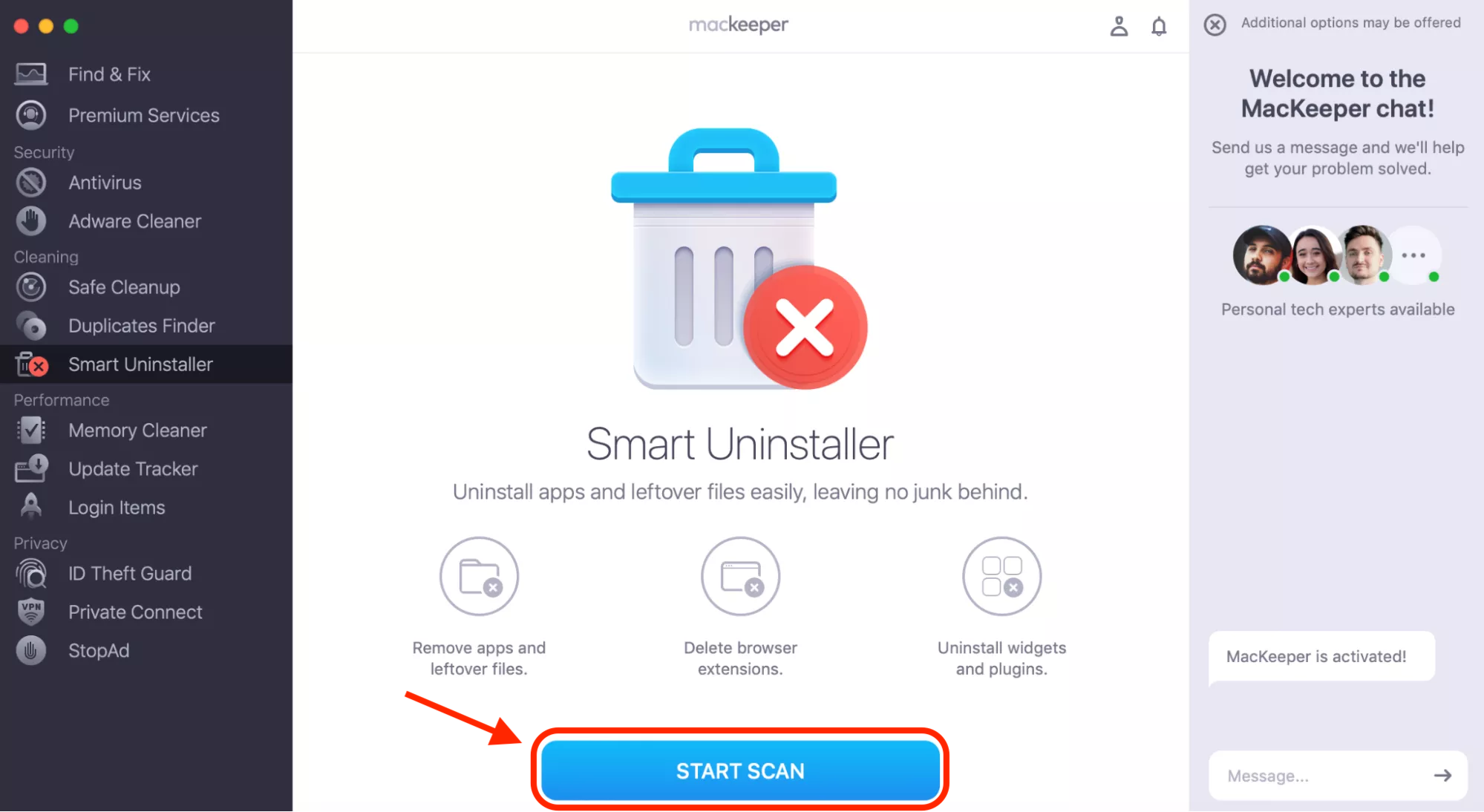 In MacKeeper's Smart Uninstaller, click the Start Scan button to let the tool detect all installed apps and their associated hidden files and leftovers.