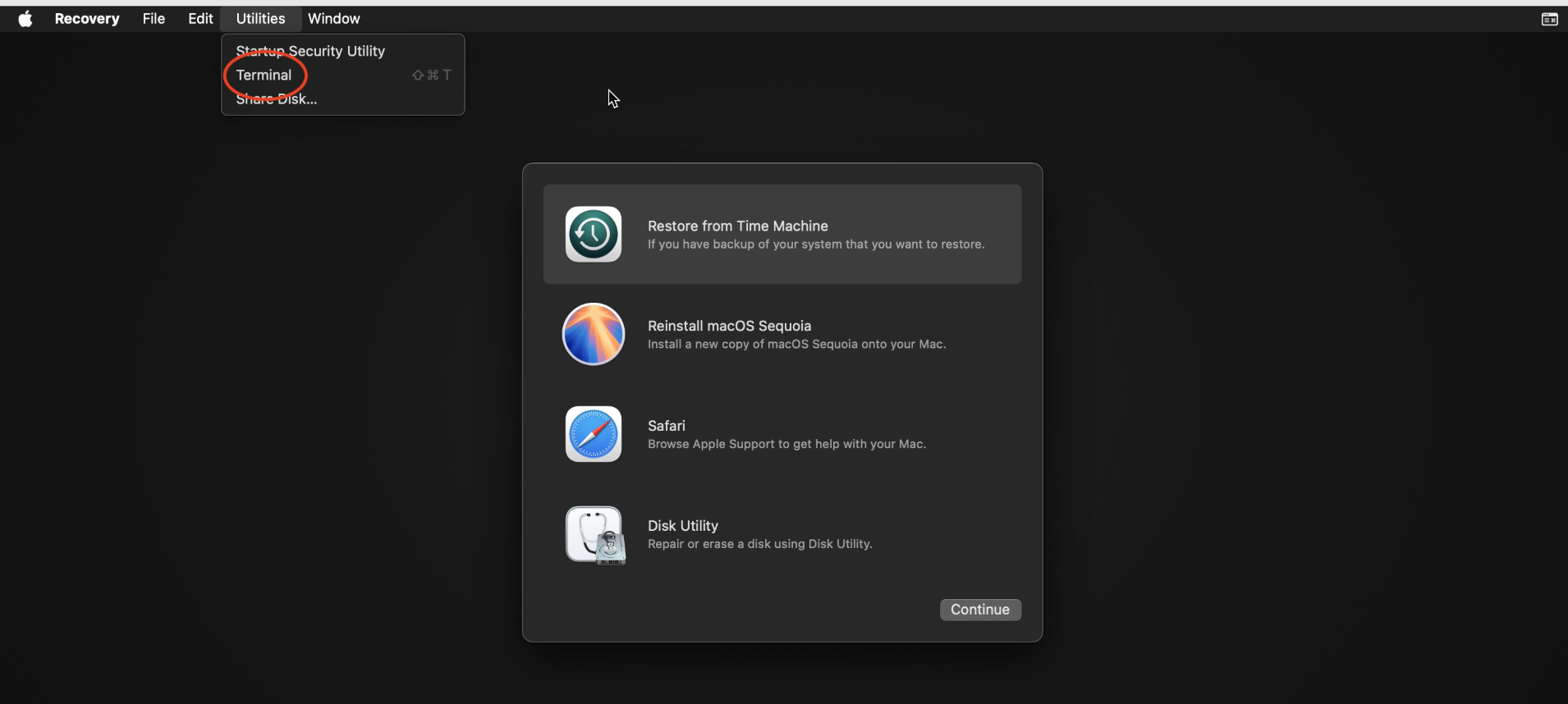 Terminal commands can help disable FileVault. In macOS Recovery’s top menu bar of macOS Recovery, click on Utilities, and select Terminal.