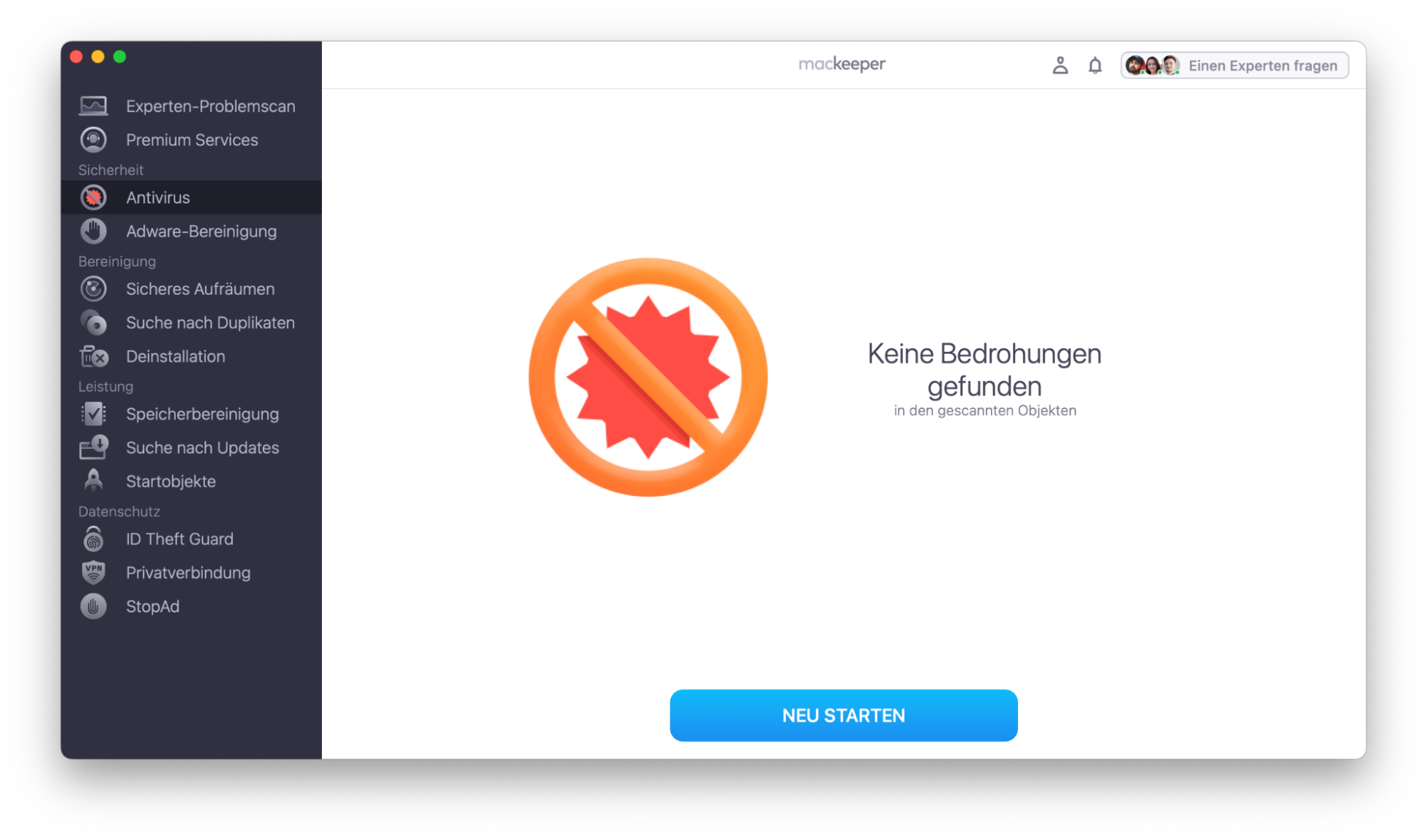 Wenn MacKeeper Antivirus Malware gefunden hat, entfernen Sie diese gemäß den Anweisungen auf dem Bildschirm.