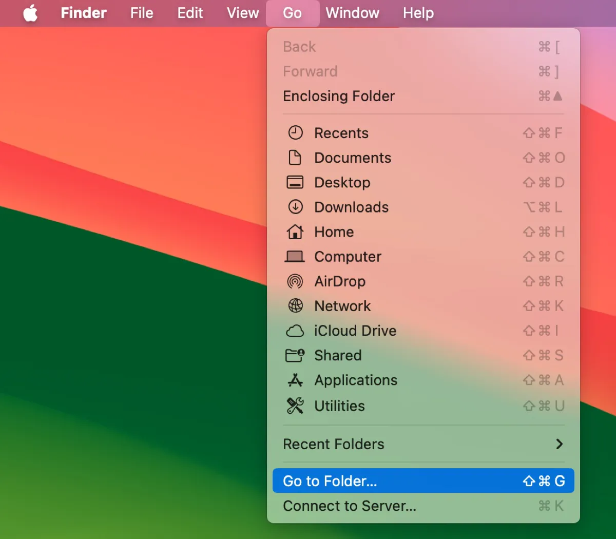 Start adding the Dropbox folder to Finder by opening Finder, clicking Go on the top-left menu bar, and selecting Go to Folder option.