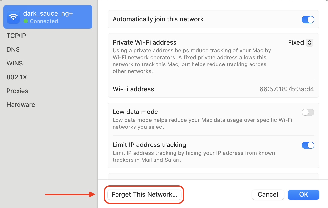 Click Forget This Network and confirm to remove the saved connection and reset its settings on your Mac.