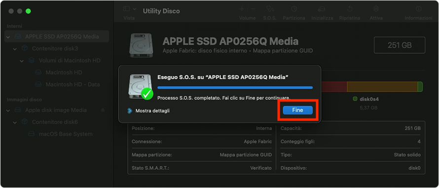 L’app SOS mostra il messaggio finale al termine del processo, con le principali correzioni effettuate. Leggi questi dettagli e fai clic su Fine.
