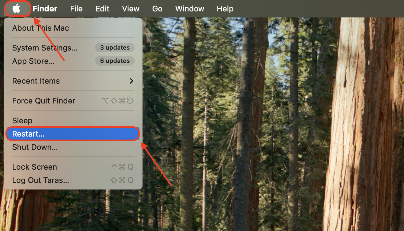 Click the Apple menu in the top-left corner of your screen and choose Restart to reboot your Mac and refresh the system.