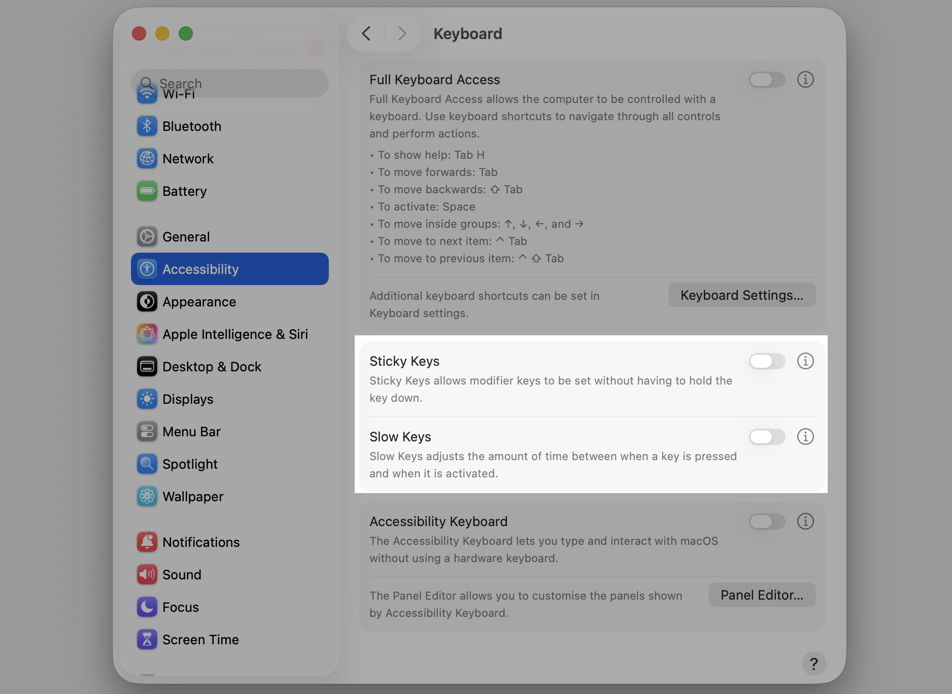 macOS Accessibility Keyboard settings on a MacBook showing Slow Keys and Sticky Keys toggled off so keyboard shortcuts register correctly.