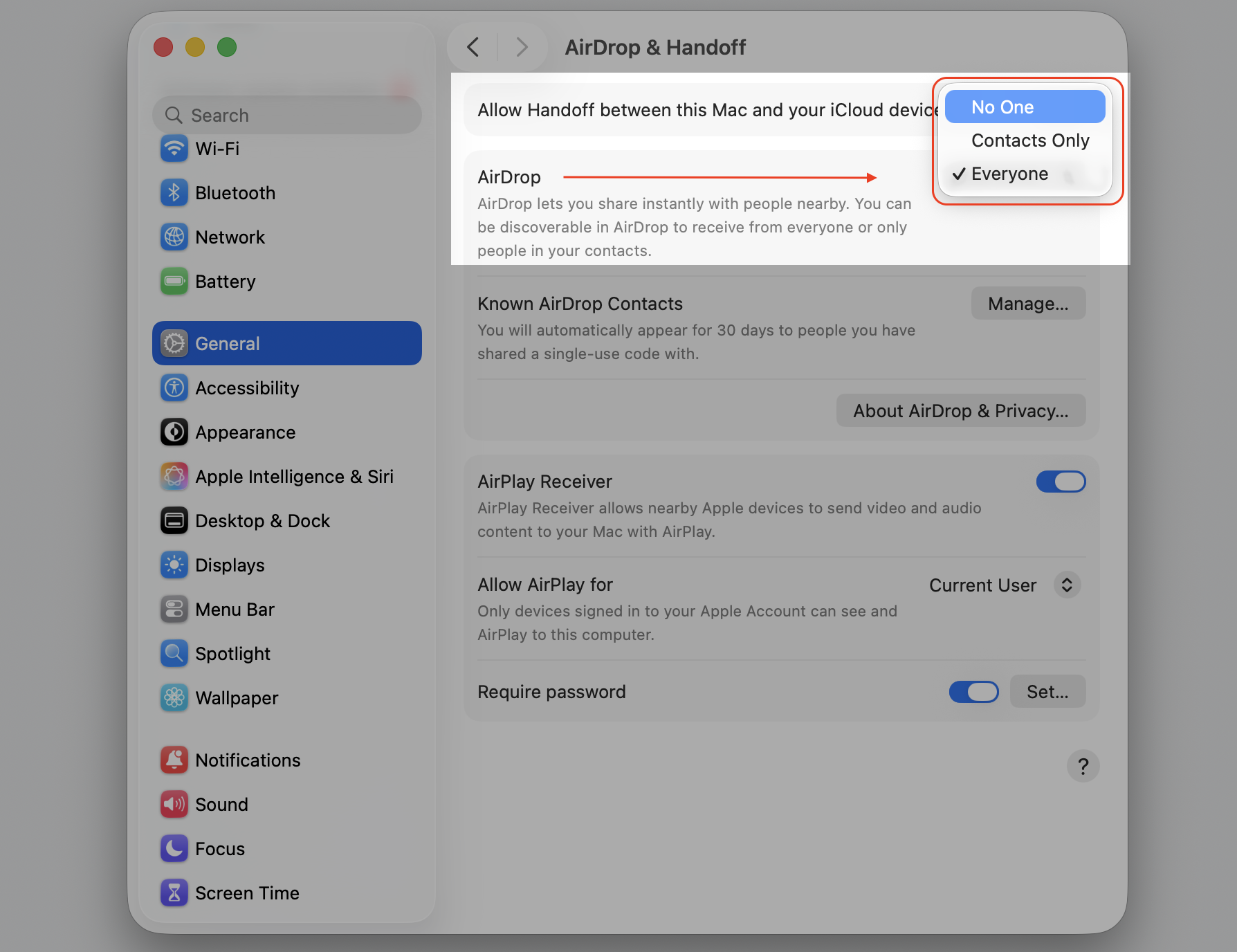 macOS AirDrop & Handoff settings on an Apple laptop with AirDrop set to No One to limit Bluetooth use and reduce bluetoothd CPU load.