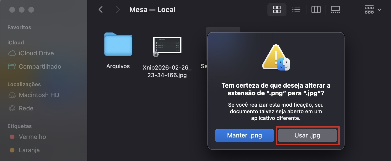 Uma solicitação de confirmação para renomear um arquivo no Mac. Se você está se perguntando como corrigir arquivos corrompidos no Mac, tente alterar o formato do arquivo e depois reabri-lo.