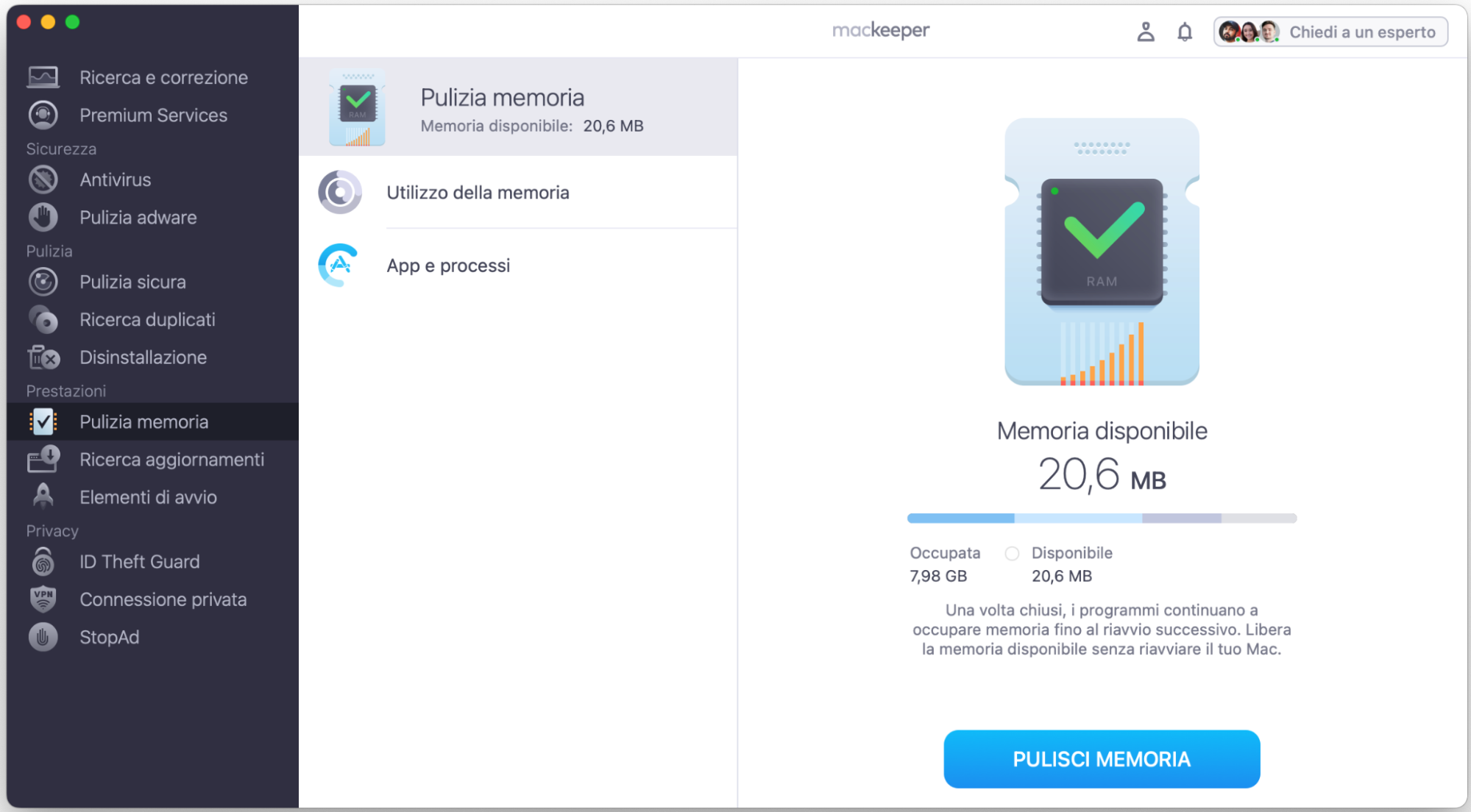 Per pulire la memoria del tuo Mac, apri MacKeeper e poi seleziona Pulisci memoria. Questo ti aiuterà a velocizzare il Mac.