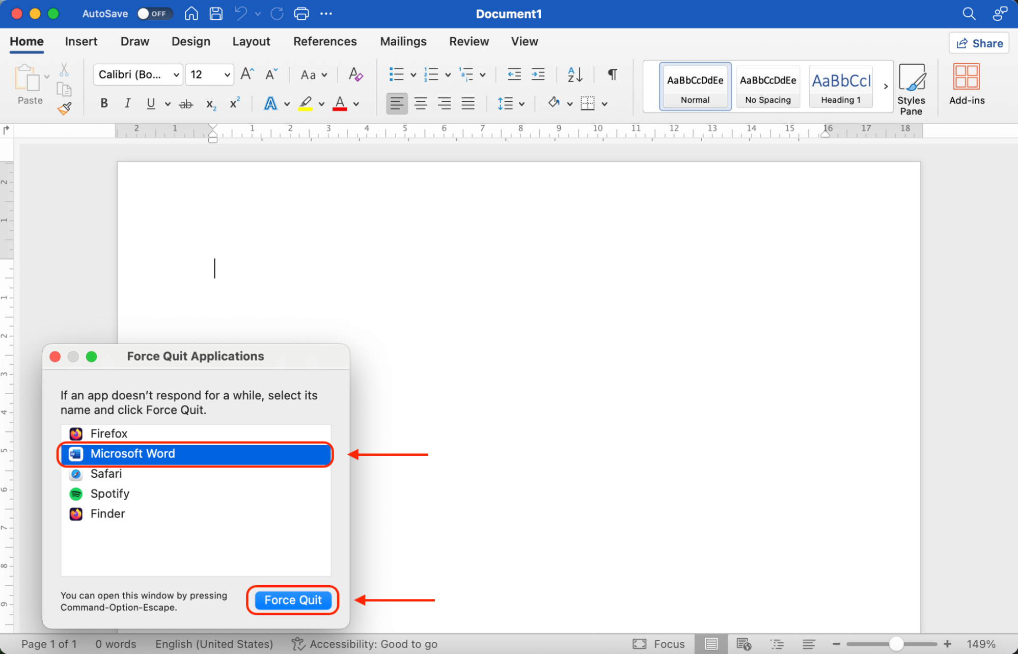 From the list of running apps, choose Microsoft Word, click Force Quit, and confirm to immediately close the frozen application.