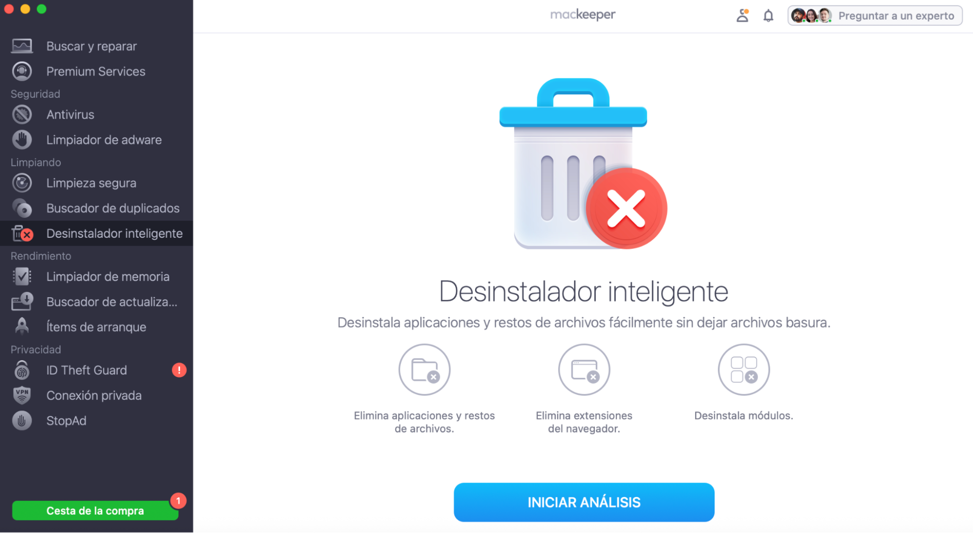 El Desinstalador inteligente de MacKeeper, antes de ejecutar un escaneo. Cómo eliminar programas sospechosos de tu Mac, como parte de cómo eliminar las ventanas emergentes falsas de McAfee en Mac.
