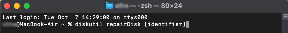 A Terminal command appears on a MacBook. To use Terminal to check or repair the disk, type diskutil repairDisk [identifier].