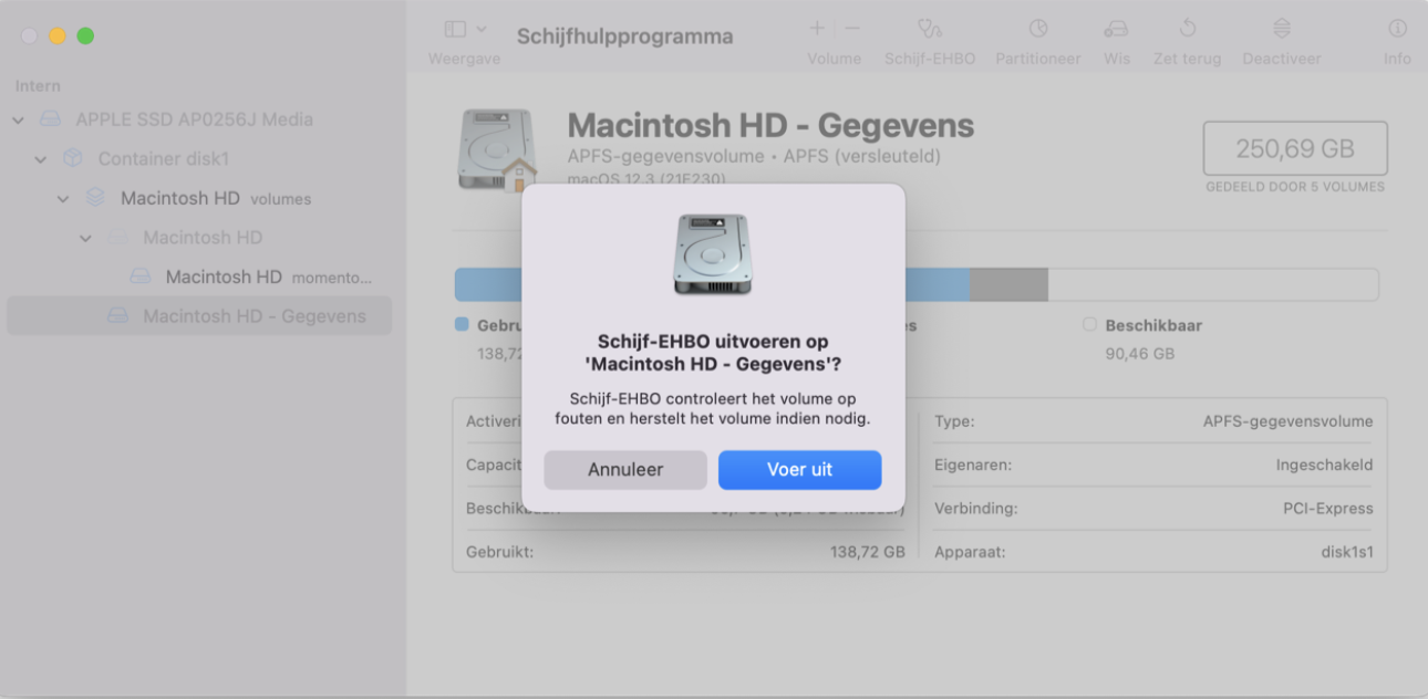 Er verschijnt een pop-up waarin wordt gevraagd te bevestigen dat je het EHBO-proces wilt uitvoeren. Klik op de knop ‘Voer uit’ om te bevestigen.