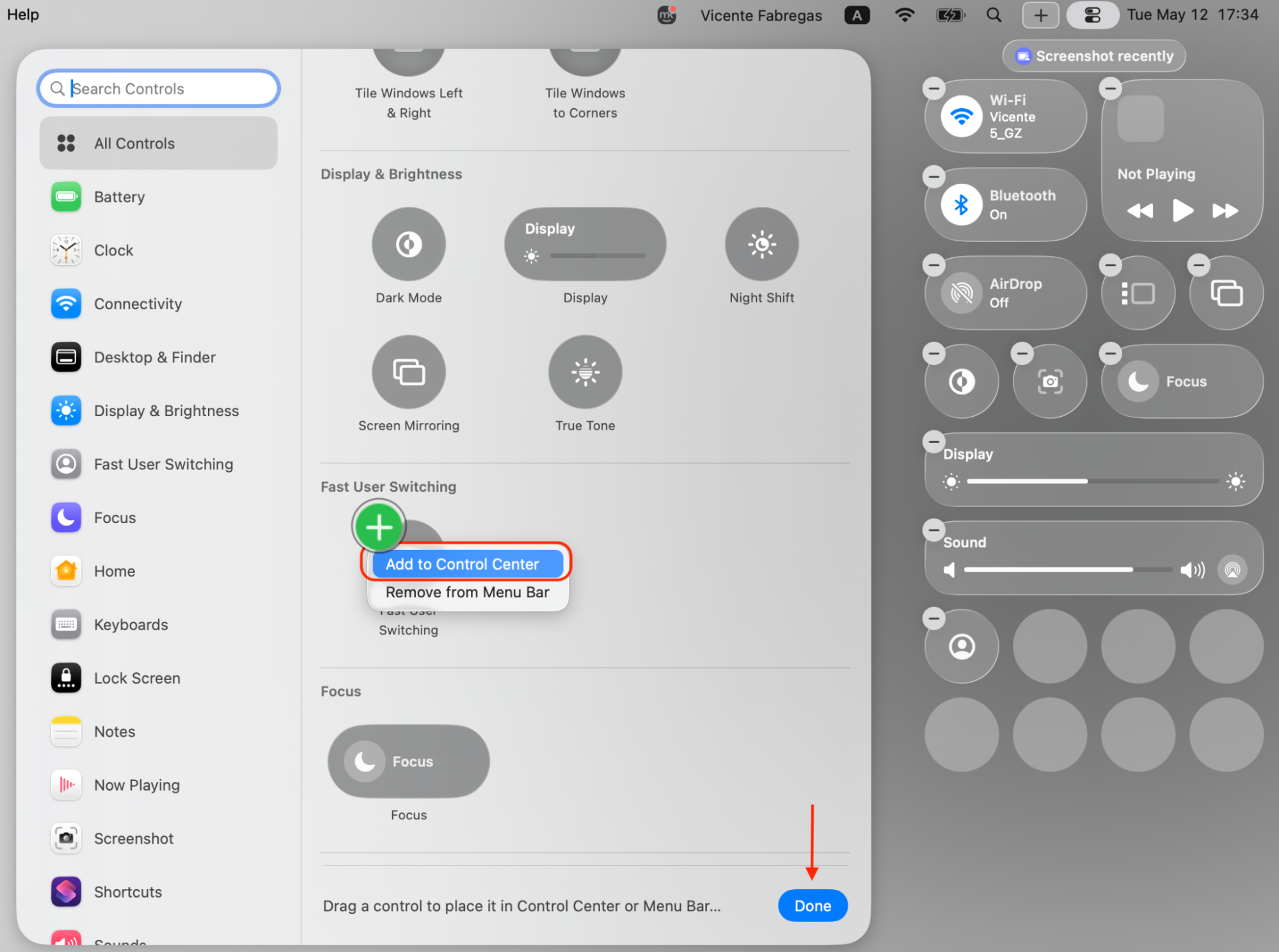 Under the Fast User Switching part on a Mac, select the corresponding Icon, then click Add to the Control Center > Done.