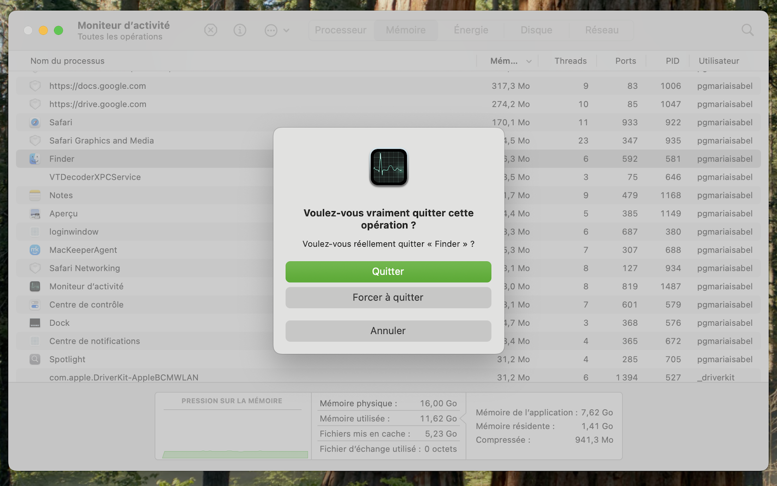 Le Moniteur d'activité sur macOS Monterey affiche une fenêtre de dialogue lorsque vous souhaitez terminer un processus. Cliquez sur Quitter ou Forcer à quitter.