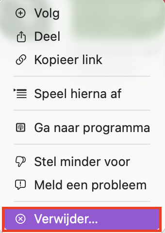 Een contextueel menu dat verschijnt nadat je op het instellingenpictogram van een podcast hebt geklikt in de Podcasts-app op de Mac. Klik op ‘Verwijder download’ om oude podcasts te verwijderen en schijfruimte vrij te maken op je Mac.