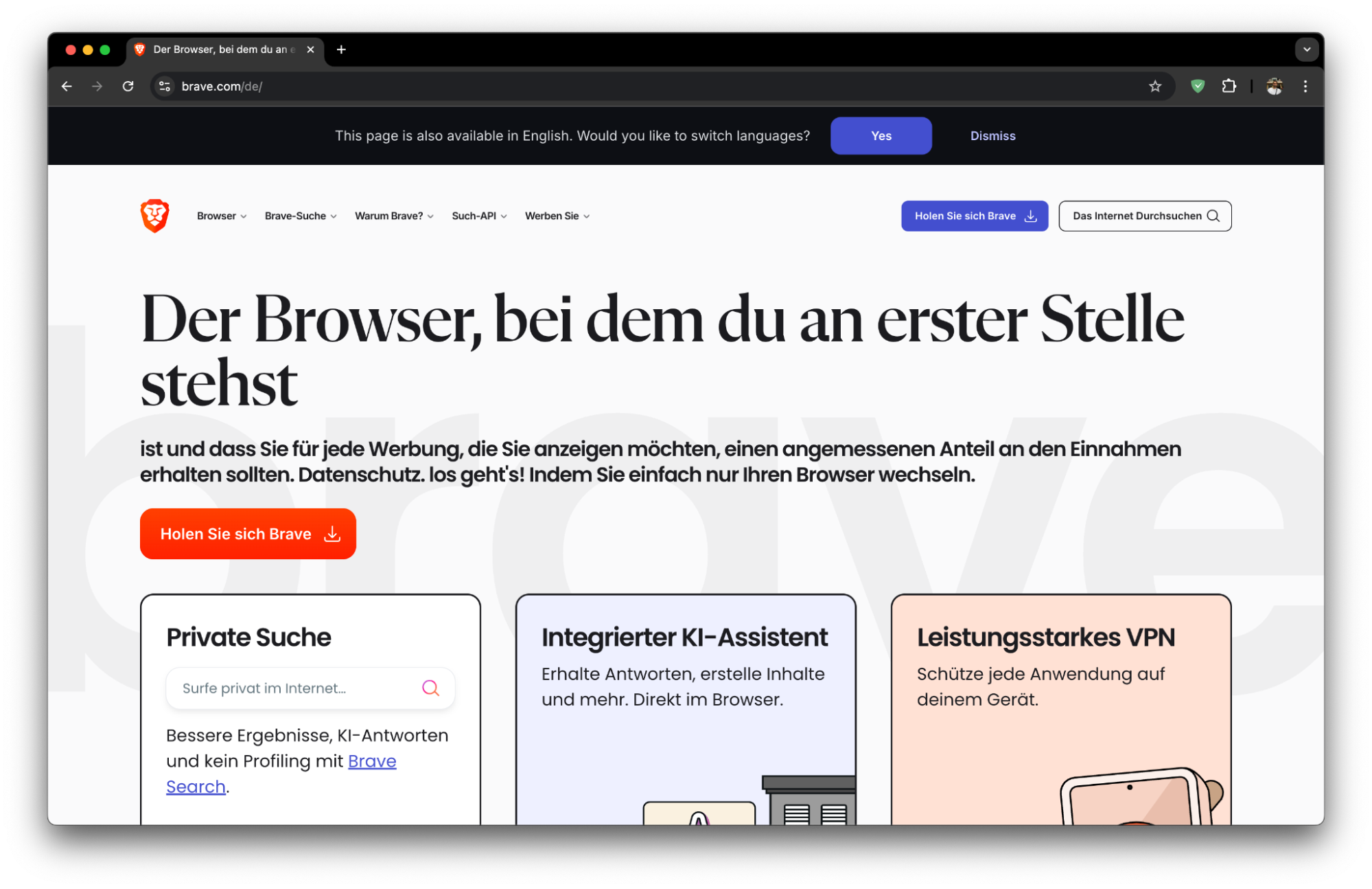 Brave ist ein weiterer Browser, der aufgrund seiner Datenschutzfunktionen, die Benutzerdaten und personenbezogene Daten vor Trackern und bösartigen Bedrohungen schützen, als einer der besten Internetbrowser für Mac-Benutzer gilt. Er spart auch nicht an Geschwindigkeit und beeinträchtigt nicht die Energieeffizienz.