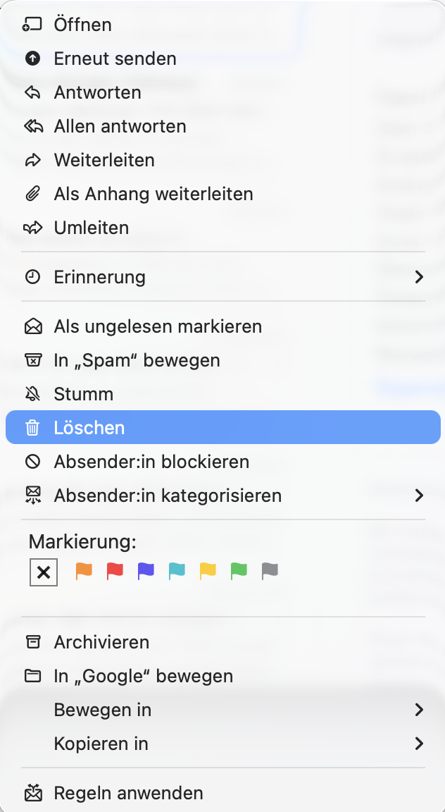 Ein Menü aus der macOS E-Mail-App mit hervorgehobener Funktion Löschen.