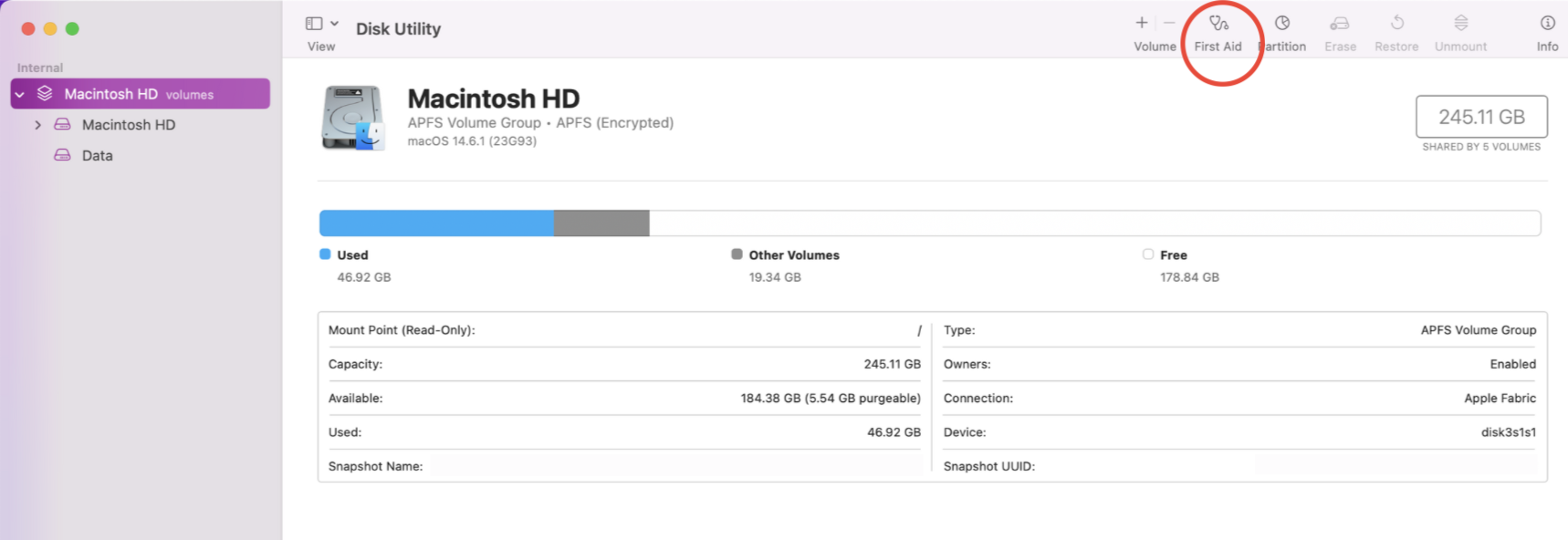 After checking that your current system is up to date, you can then go to Finder to open Disk Utility. Click on First Aid in Macintosh to check if any system files are corrupted and likely to interfere with running macOS Ventura.