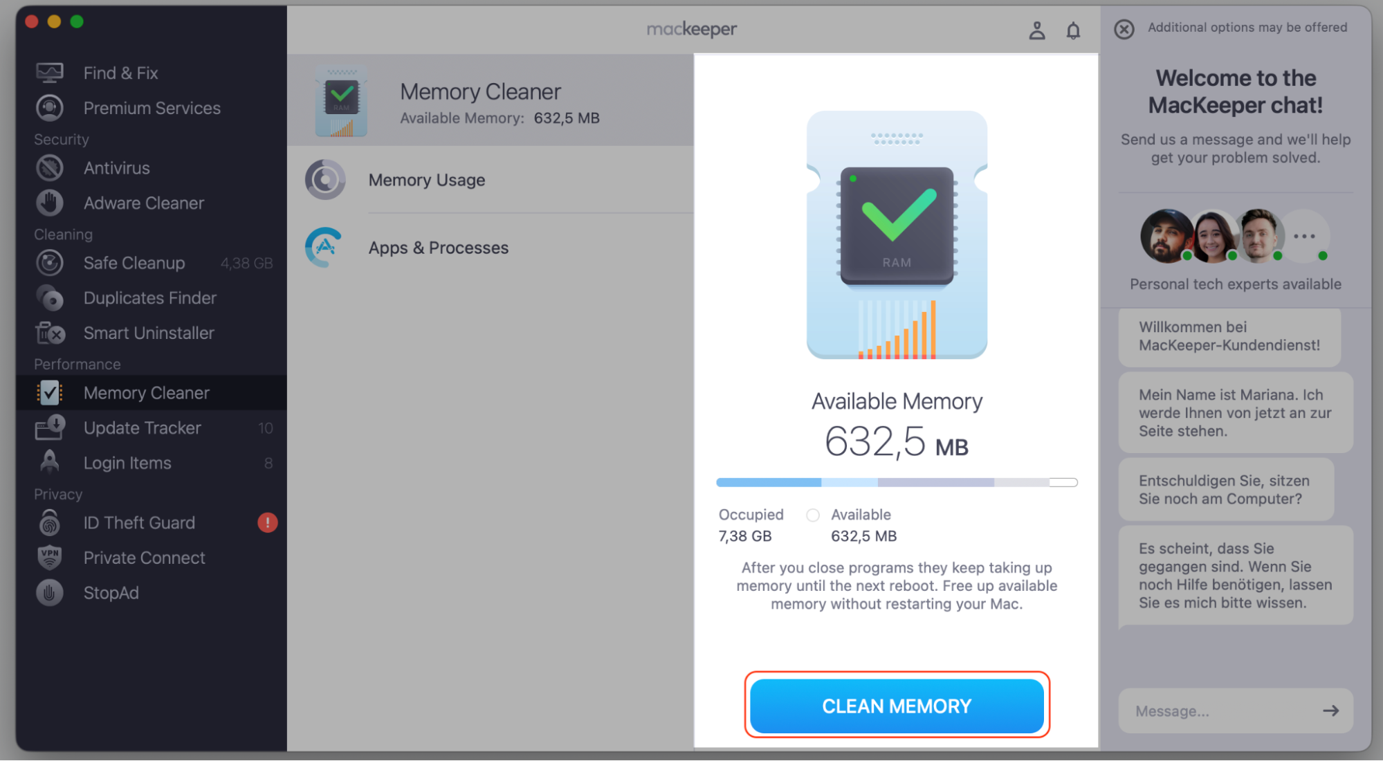 MacKeeper Memory Cleaner window on a MacBook displaying RAM usage results with the Clean Memory button ready to free up macOS memory.