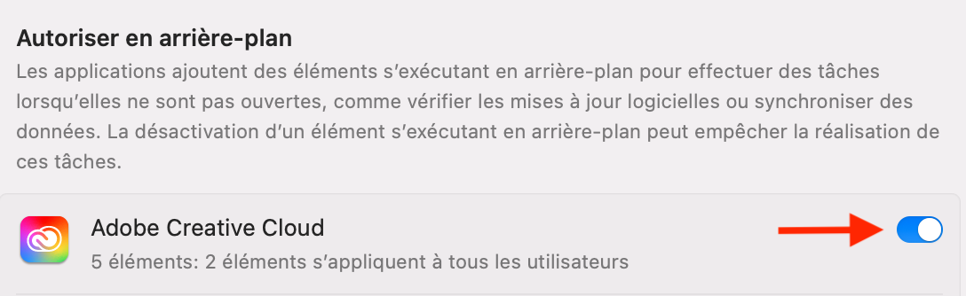 Pour empêcher une application d’observer automatiquement votre Mac, allez dans Autoriser en arrière-plan depuis l'onglet Éléments d’ouverture et extensions et désactivez l’application.