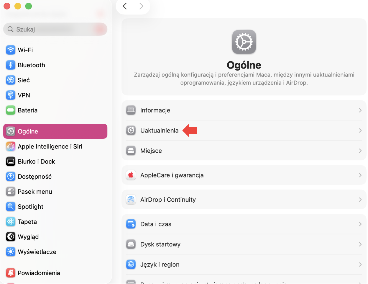 Aby móc zaktualizować Maca do najnowszej wersji, musisz sprawdzić, czy są dostępne oczekujące aktualizacje macOS. Możesz to zrobić, otwierając Ustawienia systemowe i przechodząc do Ogólne. Tam znajdziesz zakładkę Uaktualnienia.