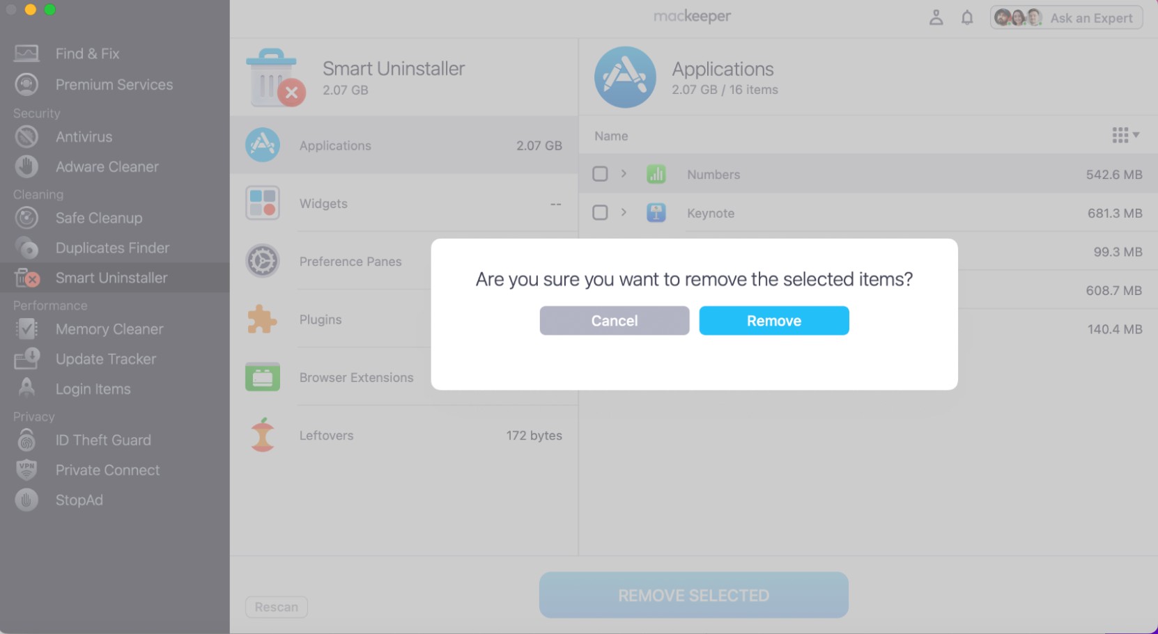 Click Remove in a pop-up to remove selected items.