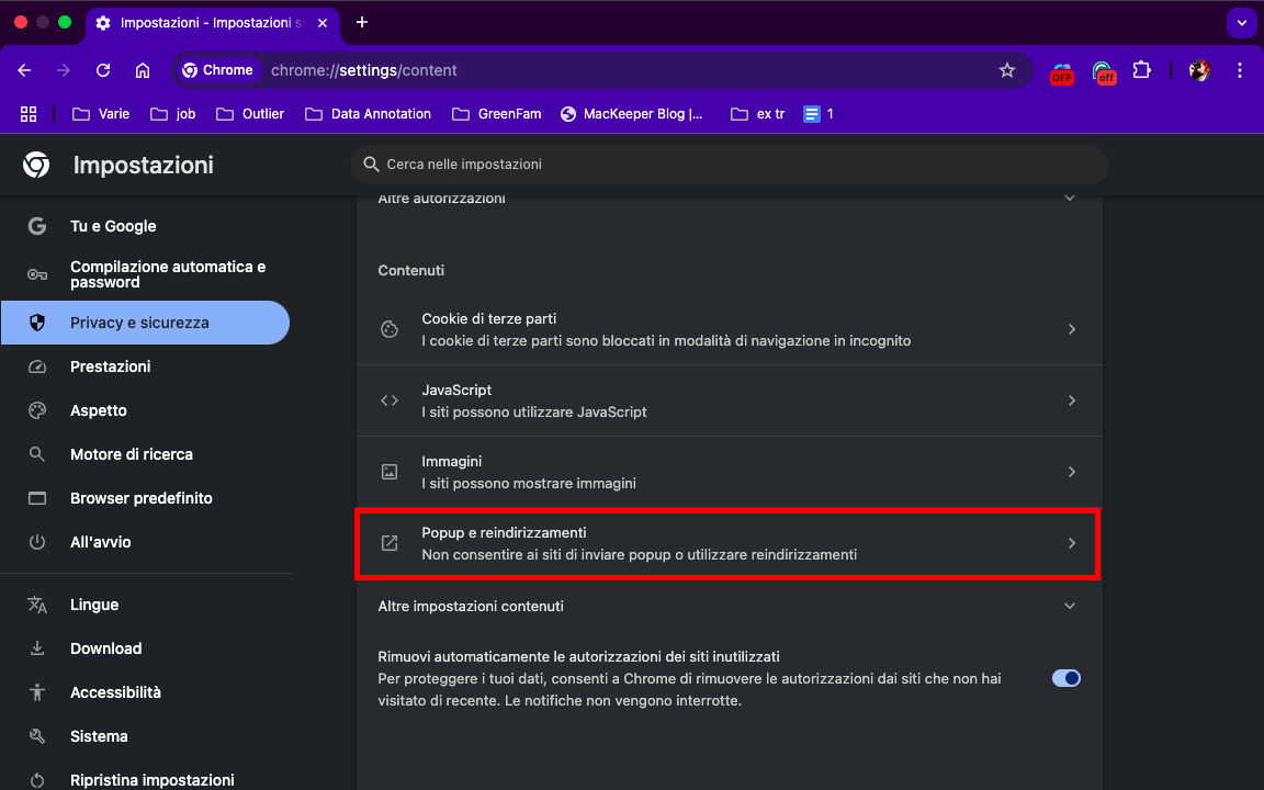 Ora fate clic su Popup e reindirizzamenti. Potrete bloccare e consentire ai siti di servirvi con i pop-up. In questo modo si può evitare che il malware vi infastidisca.