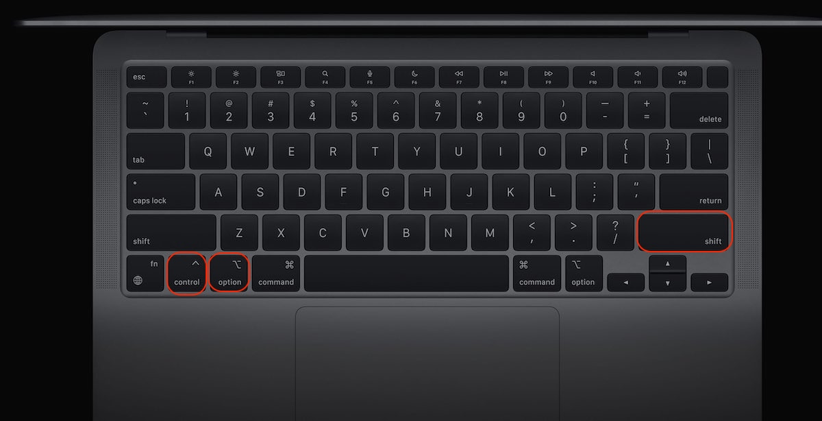 A MacBook keyboard showing the keys that need to be held to reset its SMC. Try this when your HDMI is not working on Mac.